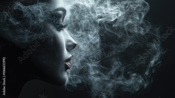 Fototapeta A woman's face is partially obscured by a cloud of smoke.