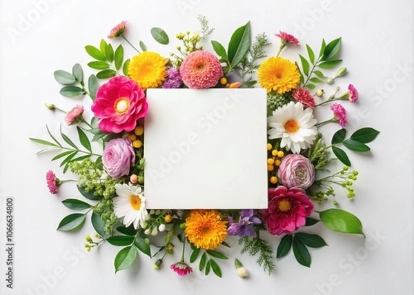 Fototapeta Elegant Flat Lay of Blank Square Card Surrounded by Vibrant Flowers and Lush Greenery, Perfect for Wedding Invitations and Stationery Design, Minimalist Floral Aesthetic