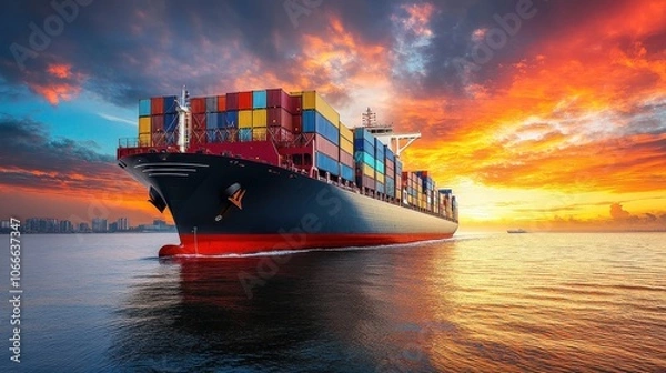 Obraz A large cargo ship sails smoothly on tranquil waters, surrounded by colorful clouds and a striking sunset. The scene captures the energy of maritime transport amid nature's beauty.