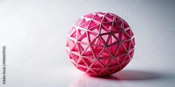 Obraz A Pink Geometric Sphere Constructed From Interlocking Triangles Casts a Gentle Shadow on a Smooth White Surface