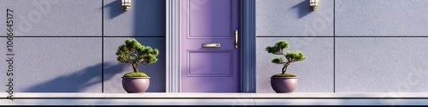 Fototapeta Chic home entry with a violet door flanked by miniature bonsai trees.