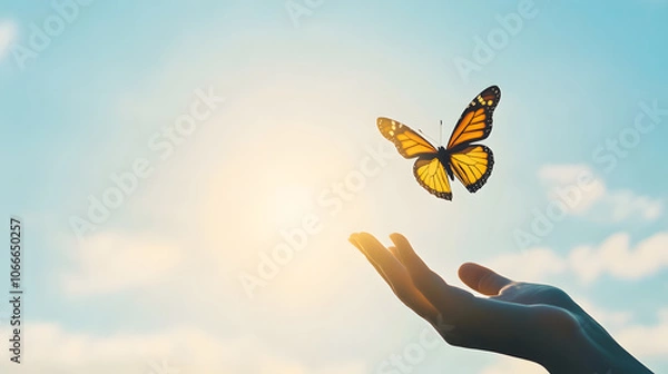 Fototapeta close up shot of hands gently releasing butterfly into sky, symbolizing freedom and beauty. warm sunlight enhances serene atmosphere of this moment