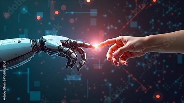 Fototapeta Human and robot hands touching each other,
Technology development background