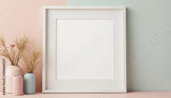 Obraz A white frame with a blank canvas sits on a tabletop against a background of pastel pink and blue. Dried flowers and pampas grass are in vases on the table.