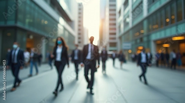 Fototapeta Business people walking on a downtown street, against the backdrop of skyscrapers and a city alley, blurred image