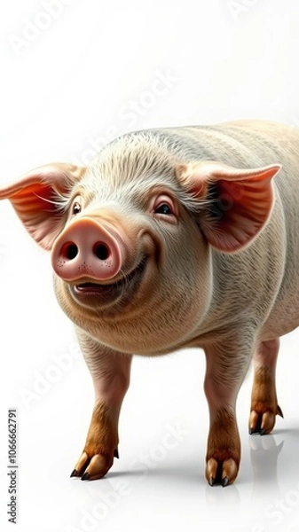 Fototapeta A happy pig stands on a white surface