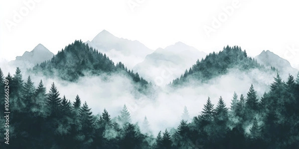 Fototapeta Watercolor mountain landscape with fog rolling through a dense forest, creating a calm, ethereal feel, isolated on a transparent background