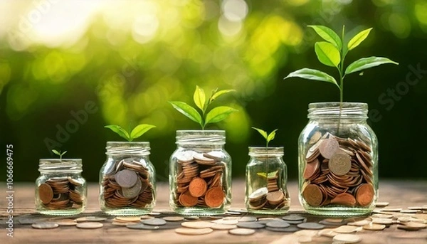 Obraz 積立投資をイメージした貯蓄と新芽のアート Savings and sprout art inspired by accumulated investment