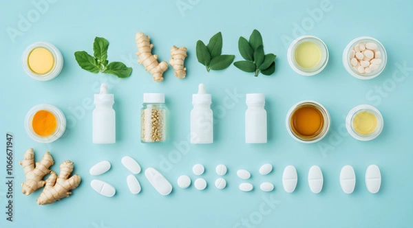 Fototapeta An array of natural pain relief products, including turmeric, ginger, and ginseng in small white bottles with oil or juice inside, alongside white tablet pills on a light blue background. Top view, fl