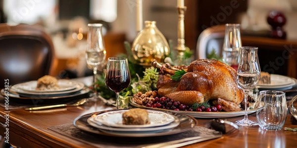 Fototapeta A festive holiday table setting with seasonal dishes, including roasted turkey, stuffing, and cranberry sauce