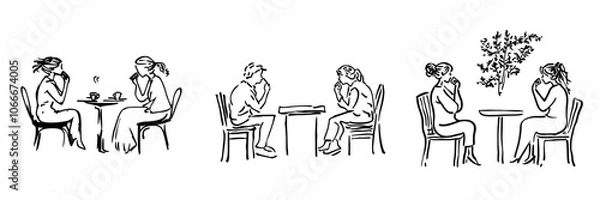 Fototapeta Single continuous drawing of a cafe, restaurant, people, couple and table on a white background.