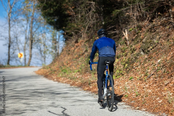 Fototapeta Man riding a bike on the road in the forest