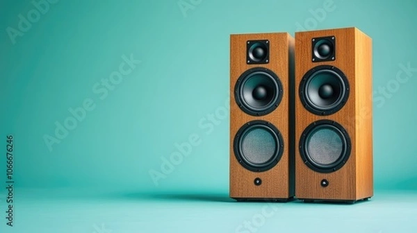 Fototapeta Two wooden speakers with black drivers against a teal background.
