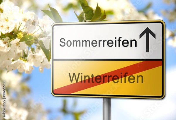 Obraz Sommerreifen statt Winterreifen Schild - Reifen wechseln 