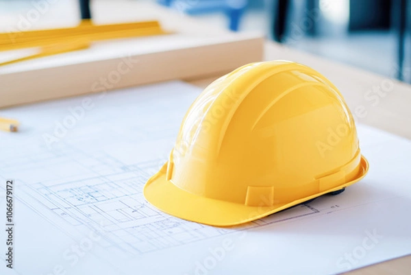 Fototapeta Yellow hard hat placed on architectural blueprints with pencil and rolled plans; symbolizes safety and planning in construction.