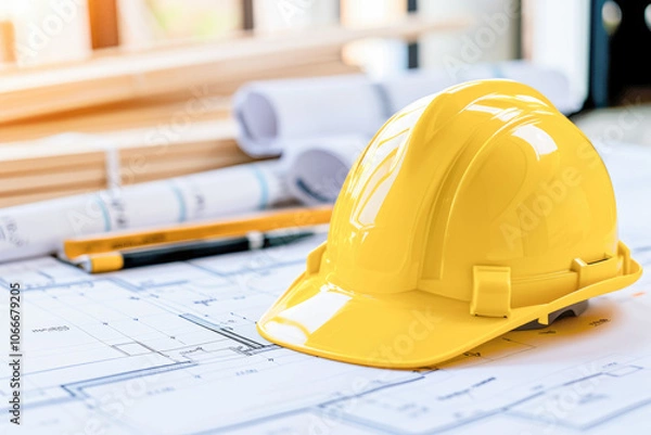 Fototapeta Yellow hard hat placed on architectural blueprints with pencil and rolled plans; symbolizes safety and planning in construction.