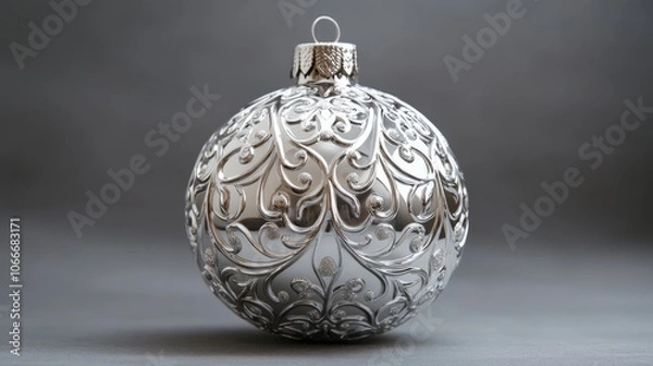 Obraz A silver Christmas ornament with an ornate design on a grey background.