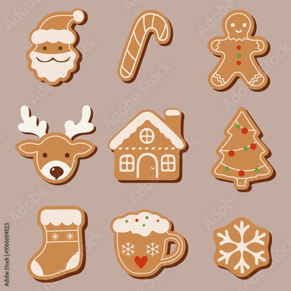 Fototapeta Christmas gingerbread cookies of different shapes and sizes. Gingerbread houses, Christmas trees, people, snowflakes and stars, deer and snowmen
