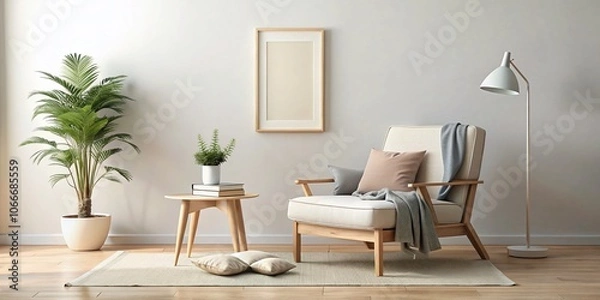 Fototapeta Minimalist Reading Nook with Blank Frame on Neutral Background - Cozy, Elegant, and Modern Interior Design Inspiration for Home Decor and Relaxation Spaces