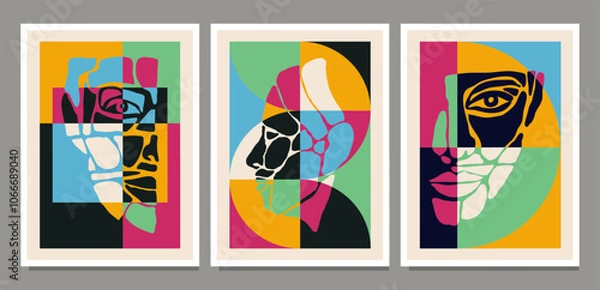Obraz Set of minimalist contemporary collage portrait of human beauty surreal face
