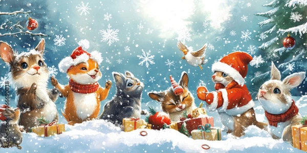 Fototapeta A whimsical illustration of animals celebrating winter festivities, surrounded by snowflakes and holiday cheer