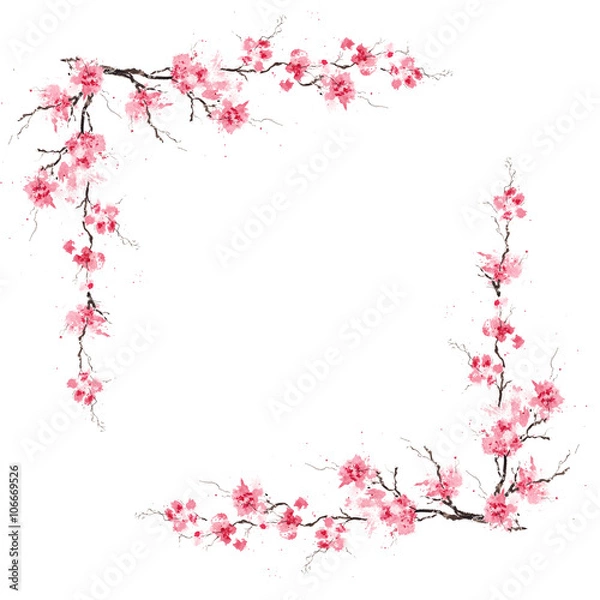 Fototapeta Wiosenna rama wiśni sakura. Oryginalny wzór akwareli.