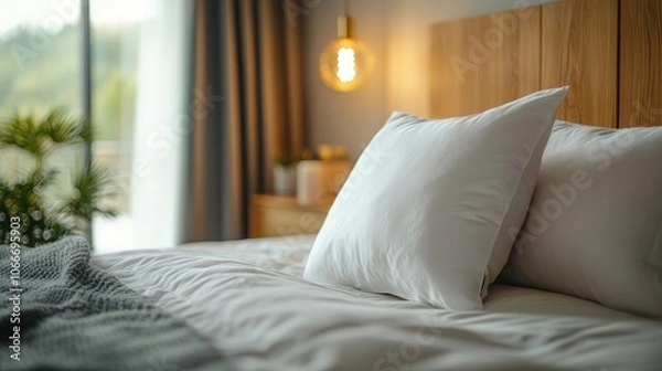 Fototapeta Close-up of a plush white pillow on a bed with a wooden headboard, a gray blanket, and a window with green trees in the background.
