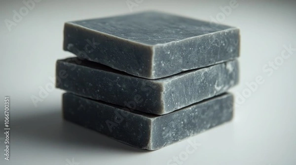 Fototapeta Stack of four charcoal soap bars on a white background.