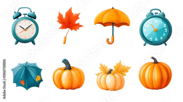 Fototapeta Autumn funny icons set isolated on transparent white background, png element. Colorful clipart Alarm clock with fall leaves, umbrella, weather icons and pumpkin with mushroom in glossy plastic style