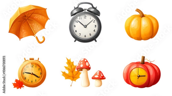 Fototapeta Autumn funny icons set isolated on transparent white background, png element. Colorful clipart Alarm clock with fall leaves, umbrella, weather icons and pumpkin with mushroom in glossy plastic style