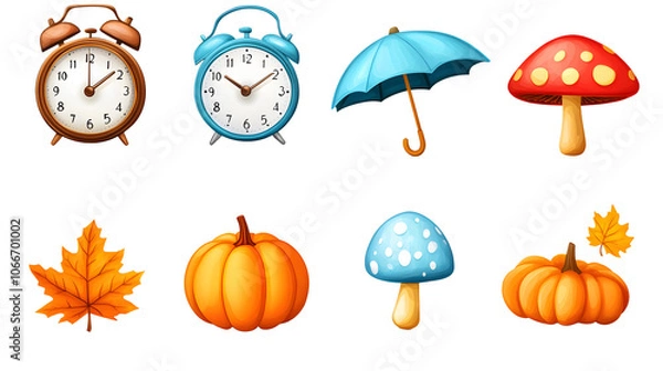 Fototapeta Autumn funny icons set isolated on transparent white background, png element. Colorful clipart Alarm clock with fall leaves, umbrella, weather icons and pumpkin with mushroom in glossy plastic style