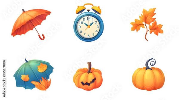 Fototapeta Autumn funny icons set isolated on transparent white background, png element. Colorful clipart Alarm clock with fall leaves, umbrella, weather icons and pumpkin with mushroom in glossy plastic style