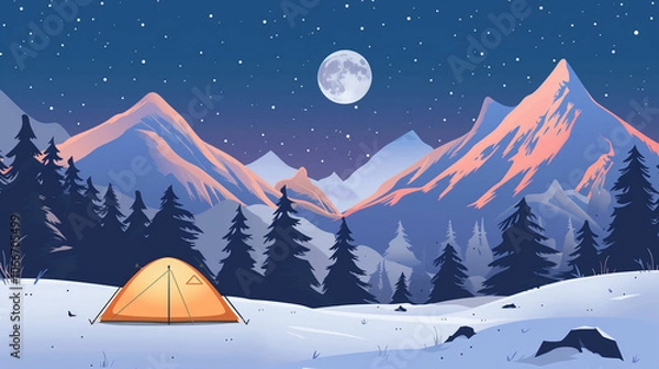 Fototapeta A single tent under a full moon in a snowy mountain valley