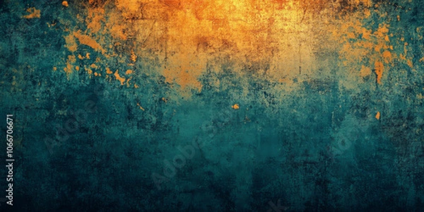 Fototapeta Abstract grunge art with dark teal base layered with warm orange lighting, giving a vintage, textured feel with faded edges and rough patterns