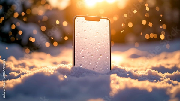 Fototapeta A smartphone in the snow with the sun setting behind it