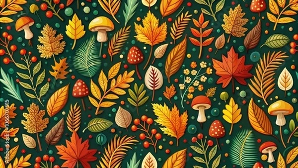 Fototapeta Seamless Autumn Folk Pattern Featuring Leaves, Forest Plants, and Mushrooms Perfect for Seasonal Decor and Nature-Inspired Designs
