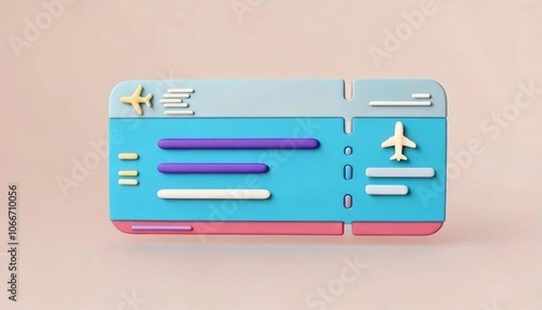 Fototapeta A vibrant illustration of a 3D boarding pass featuring colorful details like an airplane and decorative elements.