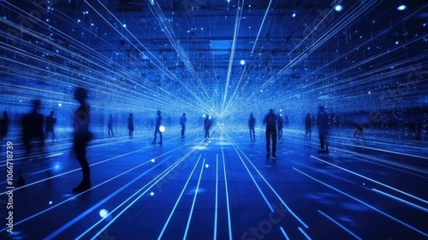 Fototapeta Blue Light Beam Abstract Background with Silhouettes