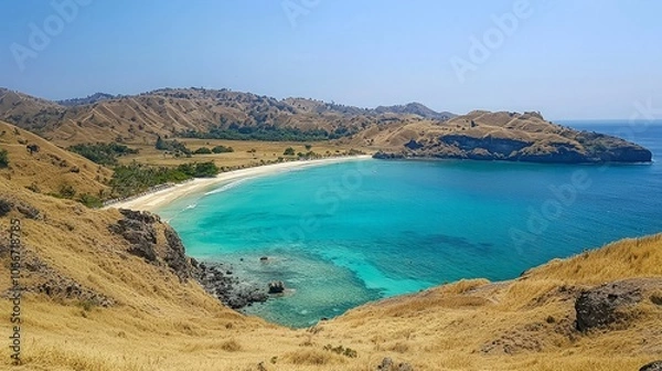 Fototapeta A secluded, crescent-shaped beach with crystal-clear turquoise water surrounded by dry, grassy hills and a blue sky.
