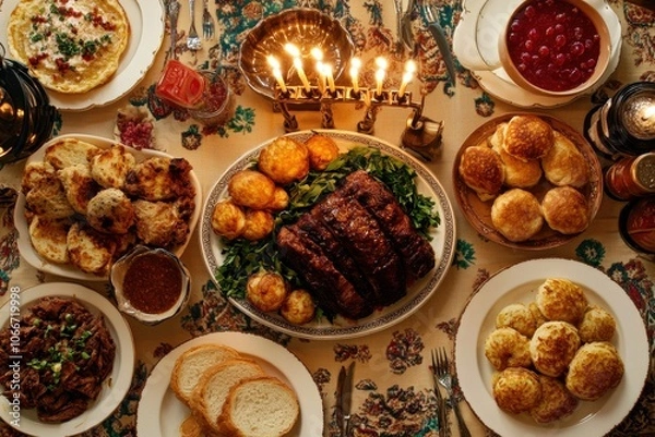 Fototapeta Traditional Hanukkah Feast: A top-down view of a table set for a Hanukkah meal, featuring classic dishes like latkes, sufganiyot (jelly doughnuts), brisket, and challah bread, all beautifully arranged