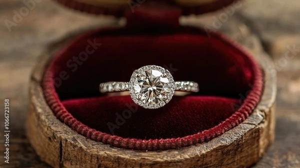 Fototapeta Diamond ring in a plush red velvet box, set on a rustic wooden surface, creating a charming and timeless look