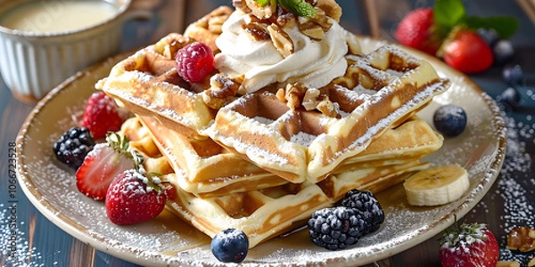 Fototapeta Banana waffles with walnuts and whipped cream topped with berries on a vintage plate, classic style