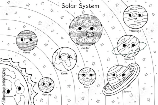 Fototapeta Cute planets educational poster in black and white for kids. Solar System coloring page with sun and planets orbiting it. Vector illustration