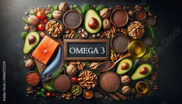 Fototapeta A top view of omega-3 rich foods like salmon, avocado, walnuts, and seeds, symbolizing health, nutrition, and dietary benefits