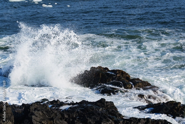 Fototapeta 岩に砕け散る波しぶき