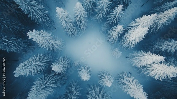 Fototapeta An aerial view of a snowy forest with a small clearing in the center.  The trees are covered in snow and the ground is covered in a blanket of white.