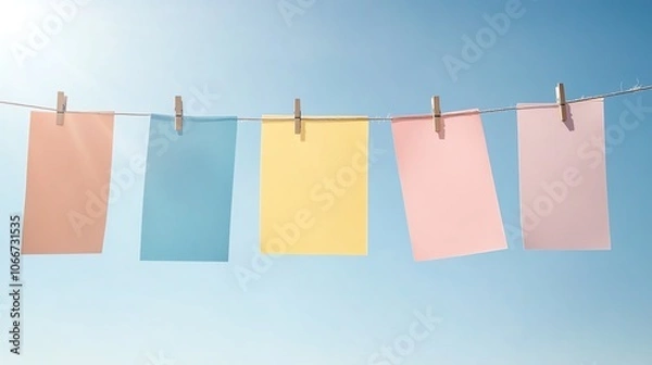 Fototapeta Five colorful note papers hanging on a line against a bright blue sky, creating a cheerful and creative atmosphere.
