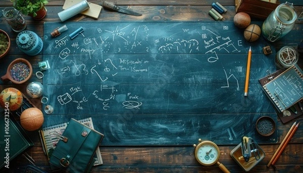Fototapeta A Vintage Desk with a Blackboard and Assorted Objects