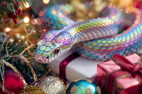 Fototapeta 2025 Chinese new year of the snake. A snake surrounded by festive decorations