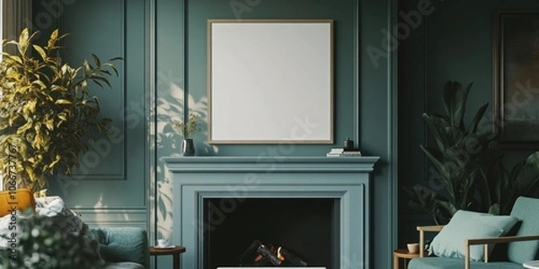 Fototapeta Modern Living Room with Blue Fireplace